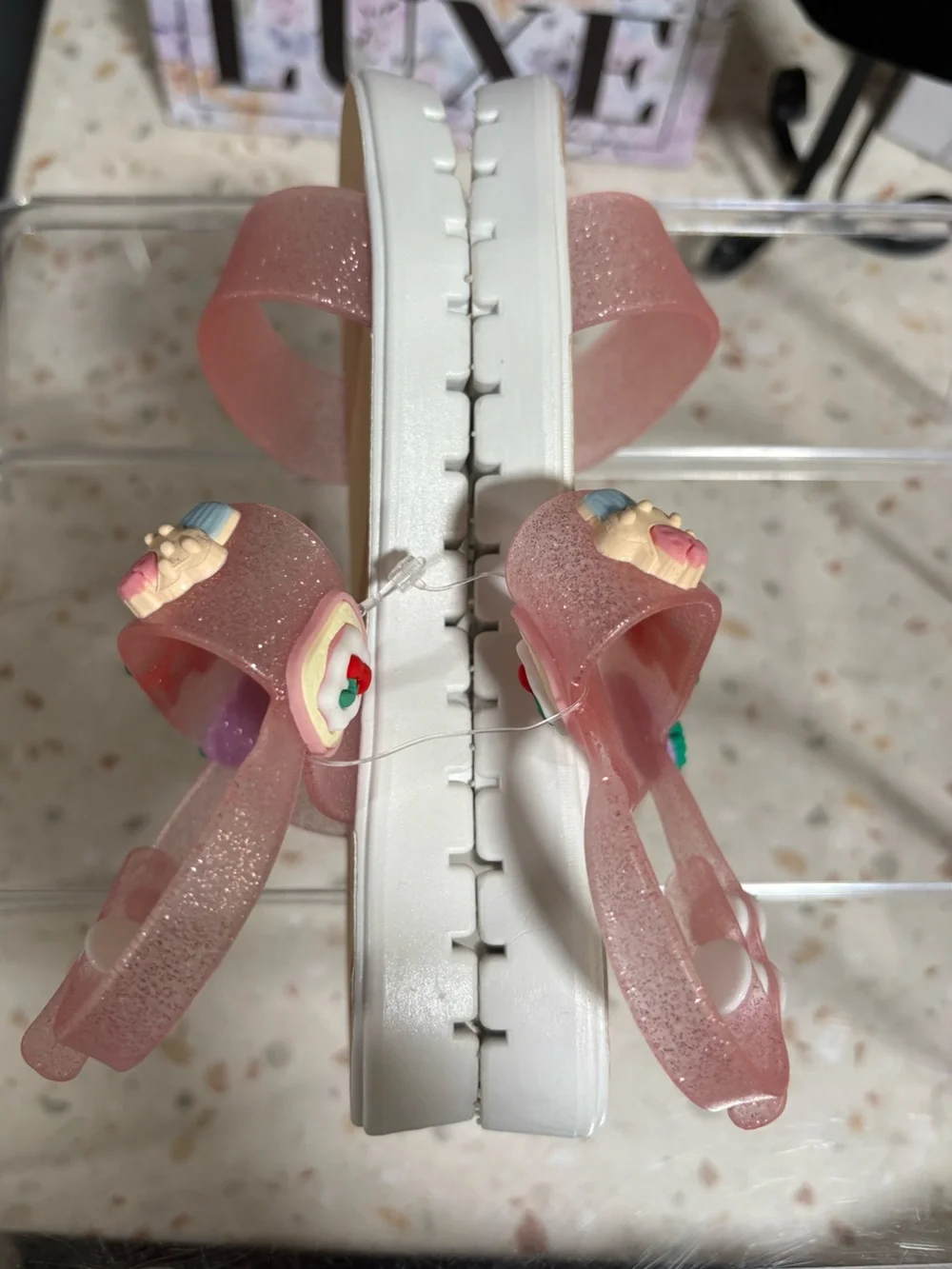 Bebe Girls Glitter Toddler Jelly Sandals with 3D Charms 🍒🍇🧁- Size S 11-12